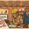 An illustrated bear construction worker at a desk stressed by red "UR Denied" stamps on medical requests for MRI and surgery, with Lee Partners Law branding.