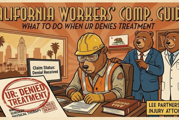 An illustrated bear construction worker at a desk stressed by red "UR Denied" stamps on medical requests for MRI and surgery, with Lee Partners Law branding.