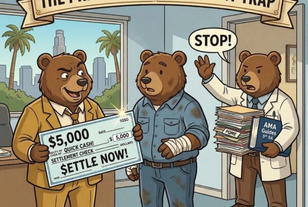 Cartoon bear lawyer stopping insurance adjuster bear from giving a lowball workers' comp settlement check to an injured worker bear.