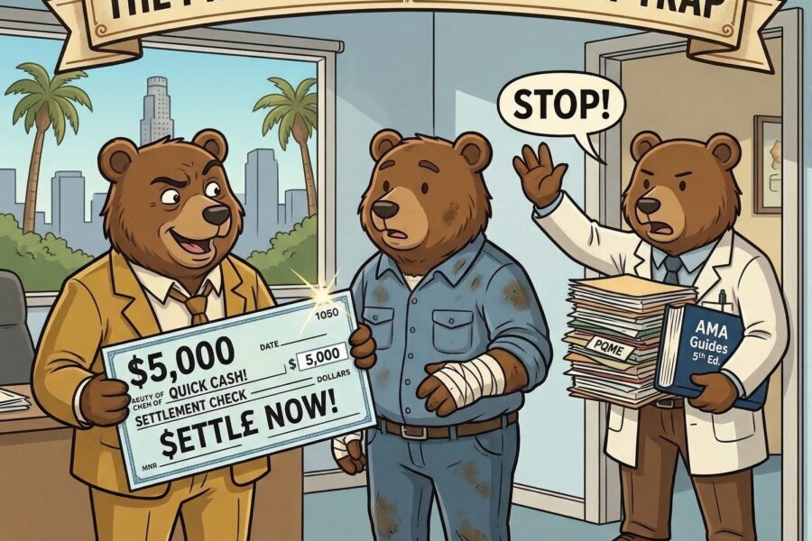 Cartoon bear lawyer stopping insurance adjuster bear from giving a lowball workers' comp settlement check to an injured worker bear.