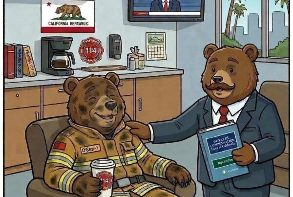 Cartoon of a grime-covered firefighter bear and a bear attorney in a suit holding the 2026 California Workers' Comp law book in a fire station.