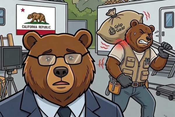 Cartoon of a bear attorney holding a California workers' comp claim on a Hollywood film set, showing a grip bear with a shoulder injury and cumulative trauma risks for film crews.