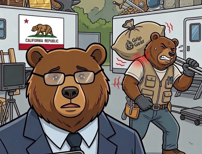 Cartoon of a bear attorney holding a California workers' comp claim on a Hollywood film set, showing a grip bear with a shoulder injury and cumulative trauma risks for film crews.