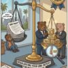 A cartoon illustration of lawyer bears rebalancing an injured worker's weighted QME report to maximize its value.
