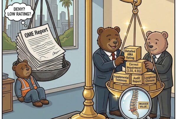 A cartoon illustration of lawyer bears rebalancing an injured worker's weighted QME report to maximize its value.