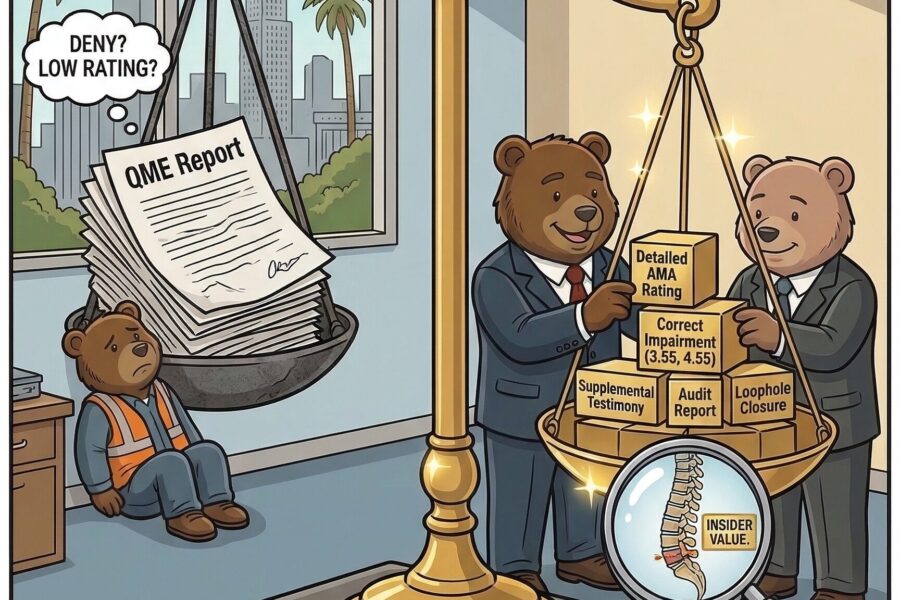 A cartoon illustration of lawyer bears rebalancing an injured worker's weighted QME report to maximize its value.