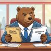 Cartoon of a professional California brown bear attorney in a blue suit, seated at a desk comparing a worn, yellowed "Medical History" folder with a crisp "New Claim File" at Lee Partners Law.
