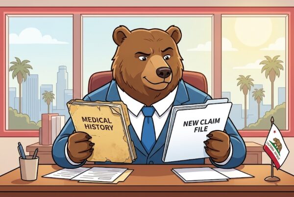 Cartoon of a professional California brown bear attorney in a blue suit, seated at a desk comparing a worn, yellowed "Medical History" folder with a crisp "New Claim File" at Lee Partners Law.