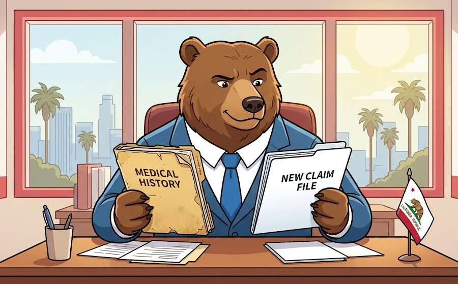 Cartoon of a professional California brown bear attorney in a blue suit, seated at a desk comparing a worn, yellowed "Medical History" folder with a crisp "New Claim File" at Lee Partners Law.