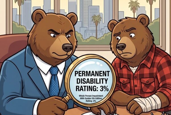 California bear lawyer at Lee Partners Law using a magnifying glass to investigate a 3% permanent disability rating on a QME report.
