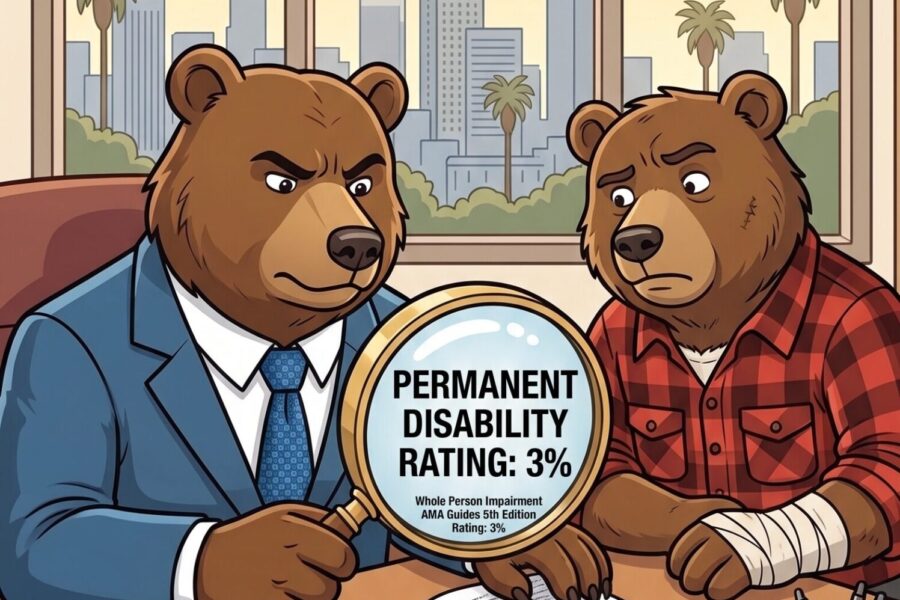 California bear lawyer at Lee Partners Law using a magnifying glass to investigate a 3% permanent disability rating on a QME report.