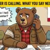 A cartoon illustration of a worried brown bear character acting as an injured worker, sitting on a living room couch and holding a smartphone to his ear with an anxious expression. He wears a red flannel shirt, a brown work jacket, and has a white bandage wrapped around his upper right arm. A bright yellow banner at the top of the image reads in bold black text: "THE ADJUSTER IS CALLING. WHAT YOU SAY NEXT MATTERS." A jagged speech bubble above the bear reads: "What do I tell the adjuster?" On the coffee table in front of him are documents labeled "California Workers' Compensation Claim Form" and "MEDICAL BILL." The background includes a California Republic flag on the wall and a city skyline through the window. The bottom right corner features the text "Lee Partners Law Injury Attorneys".
