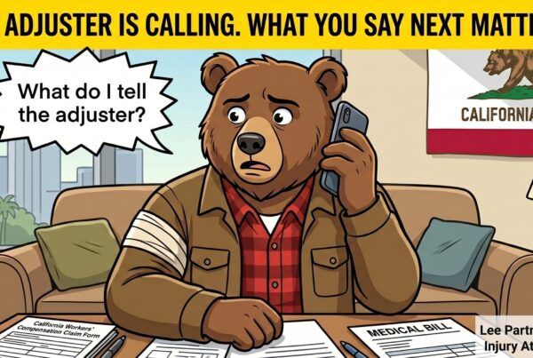 A cartoon illustration of a worried brown bear character acting as an injured worker, sitting on a living room couch and holding a smartphone to his ear with an anxious expression. He wears a red flannel shirt, a brown work jacket, and has a white bandage wrapped around his upper right arm. A bright yellow banner at the top of the image reads in bold black text: "THE ADJUSTER IS CALLING. WHAT YOU SAY NEXT MATTERS." A jagged speech bubble above the bear reads: "What do I tell the adjuster?" On the coffee table in front of him are documents labeled "California Workers' Compensation Claim Form" and "MEDICAL BILL." The background includes a California Republic flag on the wall and a city skyline through the window. The bottom right corner features the text "Lee Partners Law Injury Attorneys".