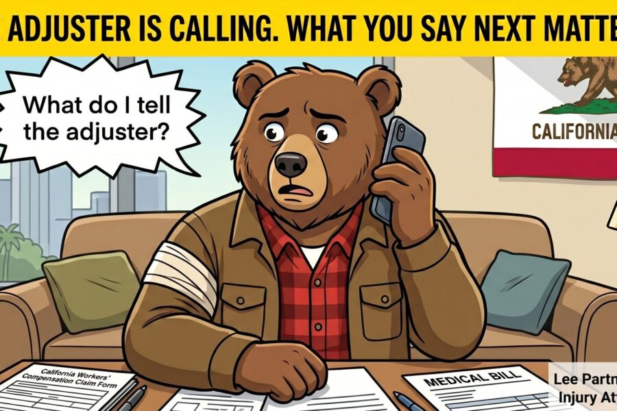 A cartoon illustration of a worried brown bear character acting as an injured worker, sitting on a living room couch and holding a smartphone to his ear with an anxious expression. He wears a red flannel shirt, a brown work jacket, and has a white bandage wrapped around his upper right arm. A bright yellow banner at the top of the image reads in bold black text: "THE ADJUSTER IS CALLING. WHAT YOU SAY NEXT MATTERS." A jagged speech bubble above the bear reads: "What do I tell the adjuster?" On the coffee table in front of him are documents labeled "California Workers' Compensation Claim Form" and "MEDICAL BILL." The background includes a California Republic flag on the wall and a city skyline through the window. The bottom right corner features the text "Lee Partners Law Injury Attorneys".