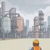 Worker in safety gear facing chemical tanks at an industrial facility