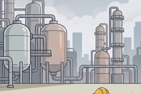 Worker in safety gear facing chemical tanks at an industrial facility