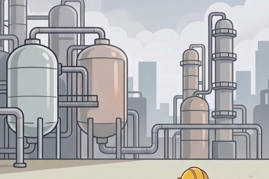 Worker in safety gear facing chemical tanks at an industrial facility