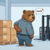 A friendly cartoon illustration of a brown grizzly bear in a blue work uniform, holding its lower back and saying 'Ouch!' in a warehouse setting next to a pallet of boxes and a forklift. The background features the California Republic flag.