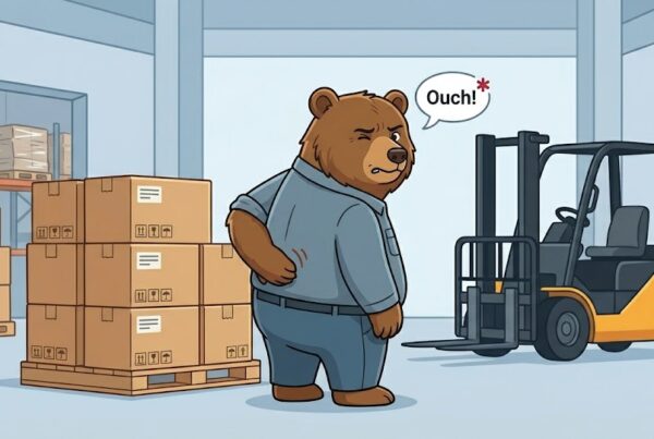 A friendly cartoon illustration of a brown grizzly bear in a blue work uniform, holding its lower back and saying 'Ouch!' in a warehouse setting next to a pallet of boxes and a forklift. The background features the California Republic flag.