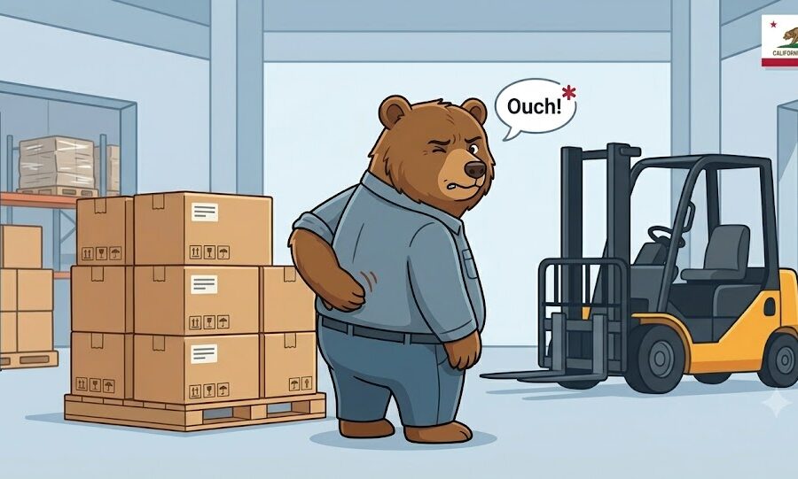A friendly cartoon illustration of a brown grizzly bear in a blue work uniform, holding its lower back and saying 'Ouch!' in a warehouse setting next to a pallet of boxes and a forklift. The background features the California Republic flag.