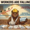 Injured California bear holding a $290 weekly workers' compensation check while a chart shows the state's cost of living rising above flat benefits