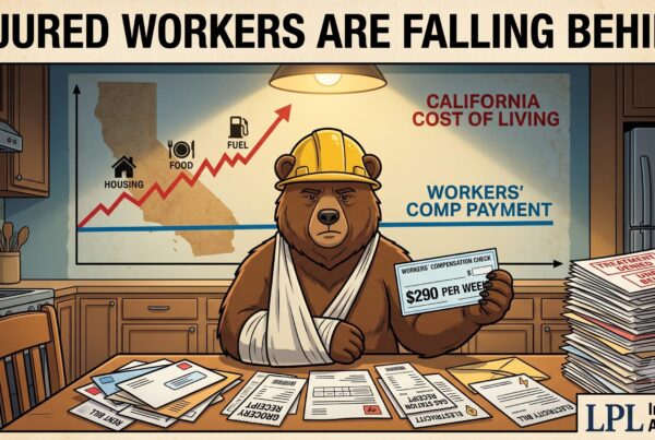 Injured California bear holding a $290 weekly workers' compensation check while a chart shows the state's cost of living rising above flat benefits