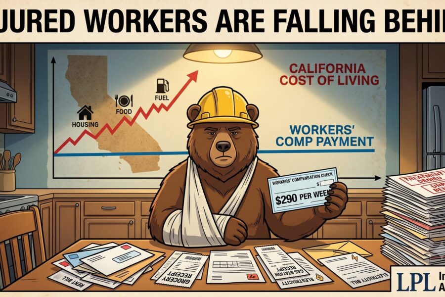 Injured California bear holding a $290 weekly workers' compensation check while a chart shows the state's cost of living rising above flat benefits