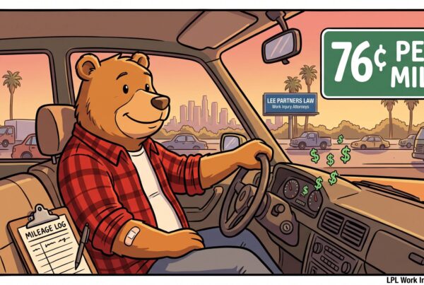 Cartoon bear with a bandaged arm driving on a Los Angeles freeway at sunset, with a mileage log on the seat and a road sign showing the new California workers' comp mileage reimbursement rate of 76 cents per mile.