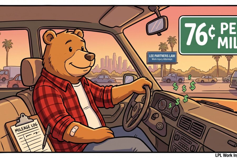Cartoon bear with a bandaged arm driving on a Los Angeles freeway at sunset, with a mileage log on the seat and a road sign showing the new California workers' comp mileage reimbursement rate of 76 cents per mile.