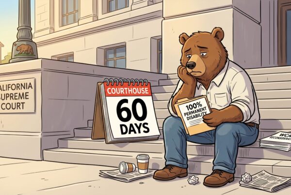 Illustrated injured worker bear outside the California Supreme Court holding a 100% permanent disability award and waiting on a WCAB reconsideration deadline.