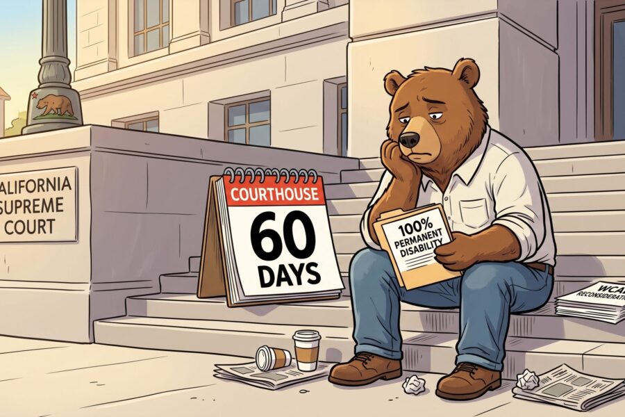 Illustrated injured worker bear outside the California Supreme Court holding a 100% permanent disability award and waiting on a WCAB reconsideration deadline.