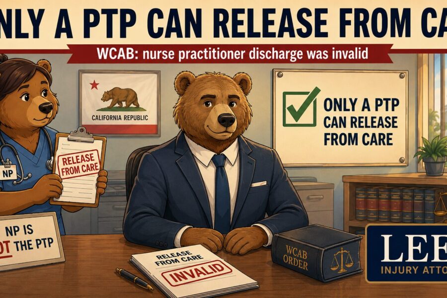 California workers’ compensation illustration showing a nurse practitioner’s release from care stamped invalid because only a valid PTP may discharge the worker.