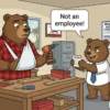Cartoon bear worker in an arm sling holding the shop drill beside a posted work schedule while a manager bear hides behind a tiny 1099 form saying Not an employee, illustrating misclassification in California workers comp