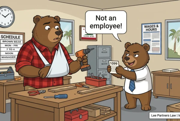 Cartoon bear worker in an arm sling holding the shop drill beside a posted work schedule while a manager bear hides behind a tiny 1099 form saying Not an employee, illustrating misclassification in California workers comp