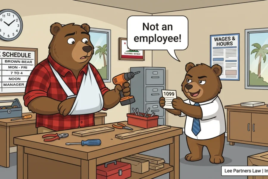 Cartoon bear worker in an arm sling holding the shop drill beside a posted work schedule while a manager bear hides behind a tiny 1099 form saying Not an employee, illustrating misclassification in California workers comp