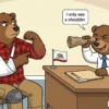 Cartoon claims reviewer bear looks through a cardboard tube at an injured bear's shoulder while the bear points to his sore elbow.