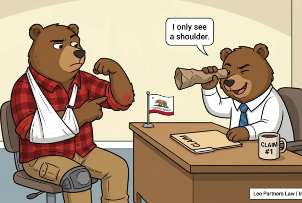 Cartoon claims reviewer bear looks through a cardboard tube at an injured bear's shoulder while the bear points to his sore elbow.