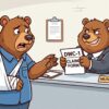 Cartoon injured worker bear trying to get a DWC-1 workers' compensation claim form from an uncooperative employer