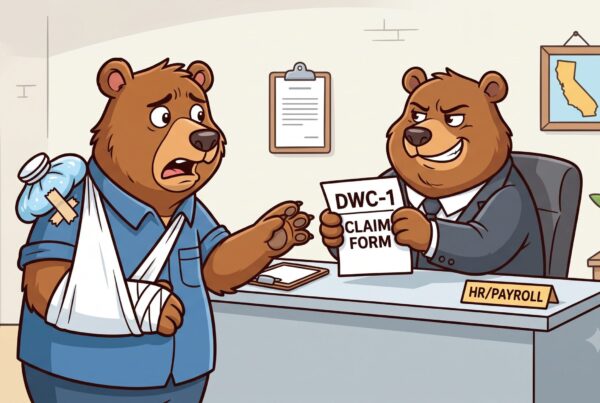 Cartoon injured worker bear trying to get a DWC-1 workers' compensation claim form from an uncooperative employer