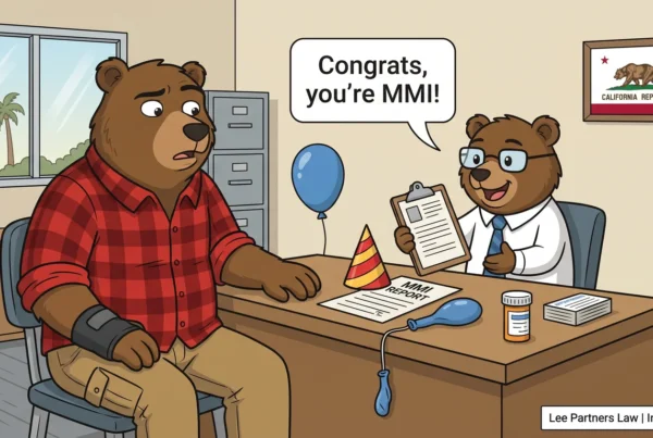 Cartoon bear worker with a wrist support looks puzzled as a clerk bear says Congrats you are MMI beside a report topped with a party hat, illustrating maximum medical improvement in California workers comp