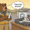 Cartoon bear worker in a safety vest holding an injury report while it circles a conveyor belt between clinic, adjuster, and HR windows, illustrating a Pomona workers comp claim