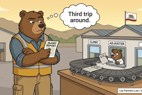 Cartoon bear worker in a safety vest holding an injury report while it circles a conveyor belt between clinic, adjuster, and HR windows, illustrating a Pomona workers comp claim
