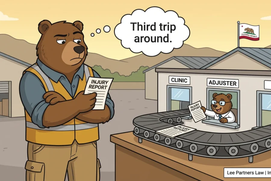 Cartoon bear worker in a safety vest holding an injury report while it circles a conveyor belt between clinic, adjuster, and HR windows, illustrating a Pomona workers comp claim