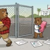 Cartoon manager bear with a giant eraser tries to erase a paper trail of injury records as a bear worker with a knee brace leaves through the gate with a box of belongings.