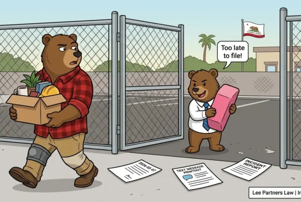 Cartoon manager bear with a giant eraser tries to erase a paper trail of injury records as a bear worker with a knee brace leaves through the gate with a box of belongings.