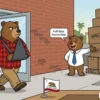 Cartoon bear worker in an arm sling leaves a clinic holding a full-duty release while an office bear points to a tall stack of heavy boxes.