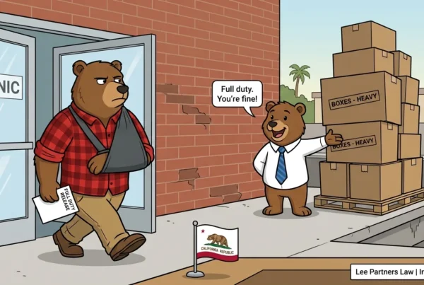 Cartoon bear worker in an arm sling leaves a clinic holding a full-duty release while an office bear points to a tall stack of heavy boxes.