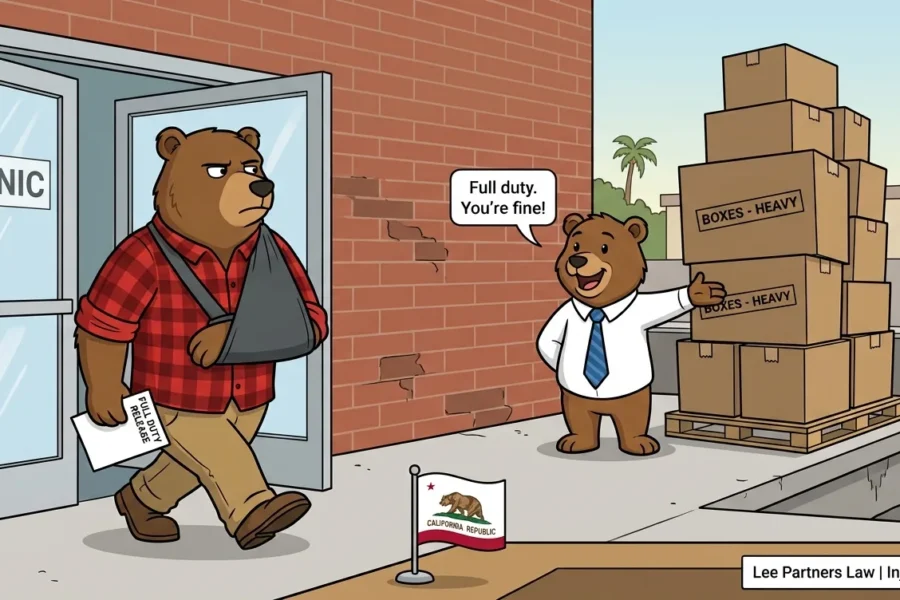 Cartoon bear worker in an arm sling leaves a clinic holding a full-duty release while an office bear points to a tall stack of heavy boxes.